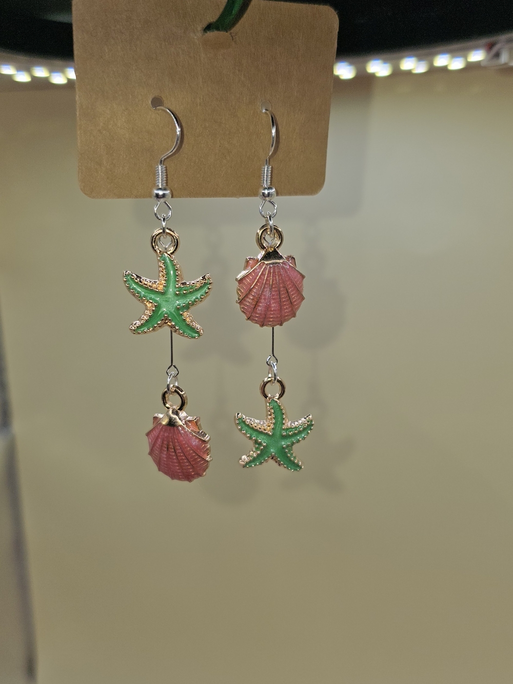 Coral Shell & Green Starfish Drop Earrings